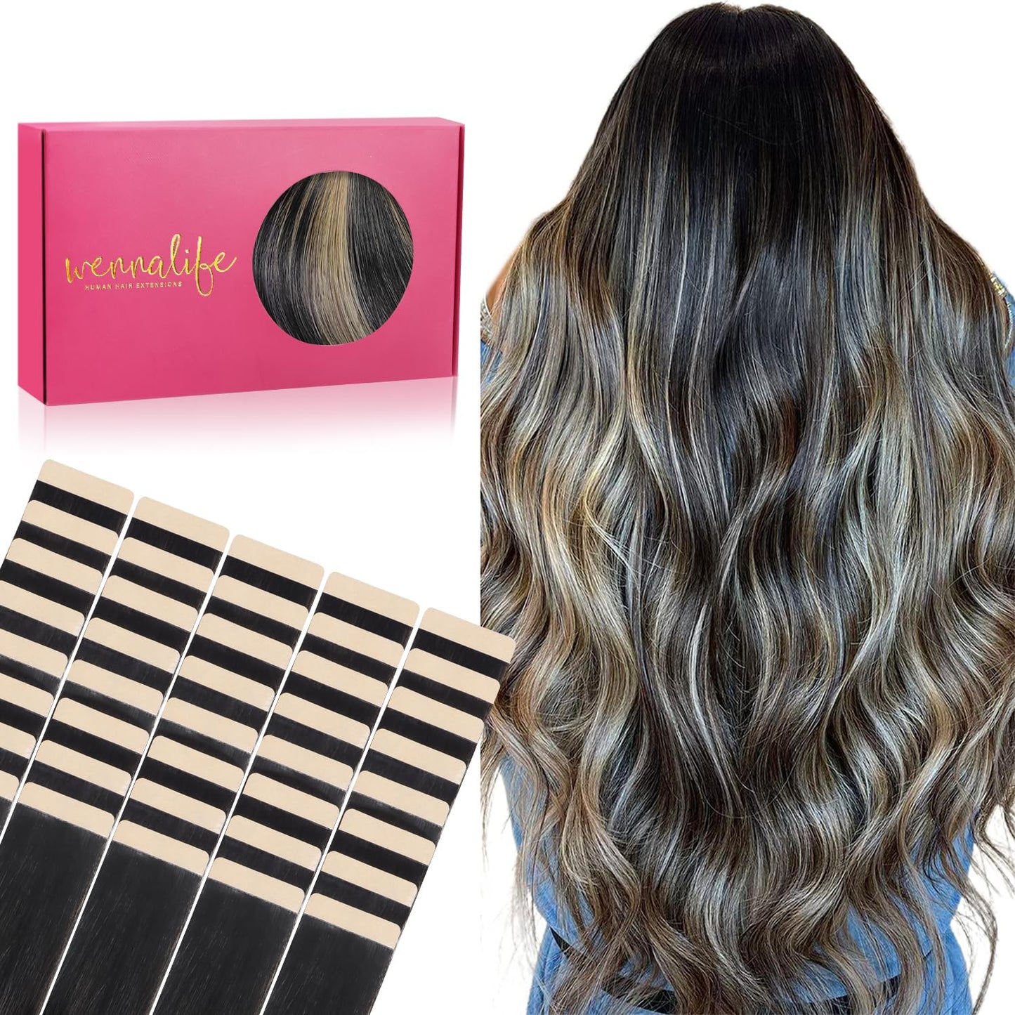 WENNALIFE Tape in Hair Extensions Human Hair, 40pcs 100g 14 inch Balayage Natural Black to Light Blonde Hair Extensions Real Hum