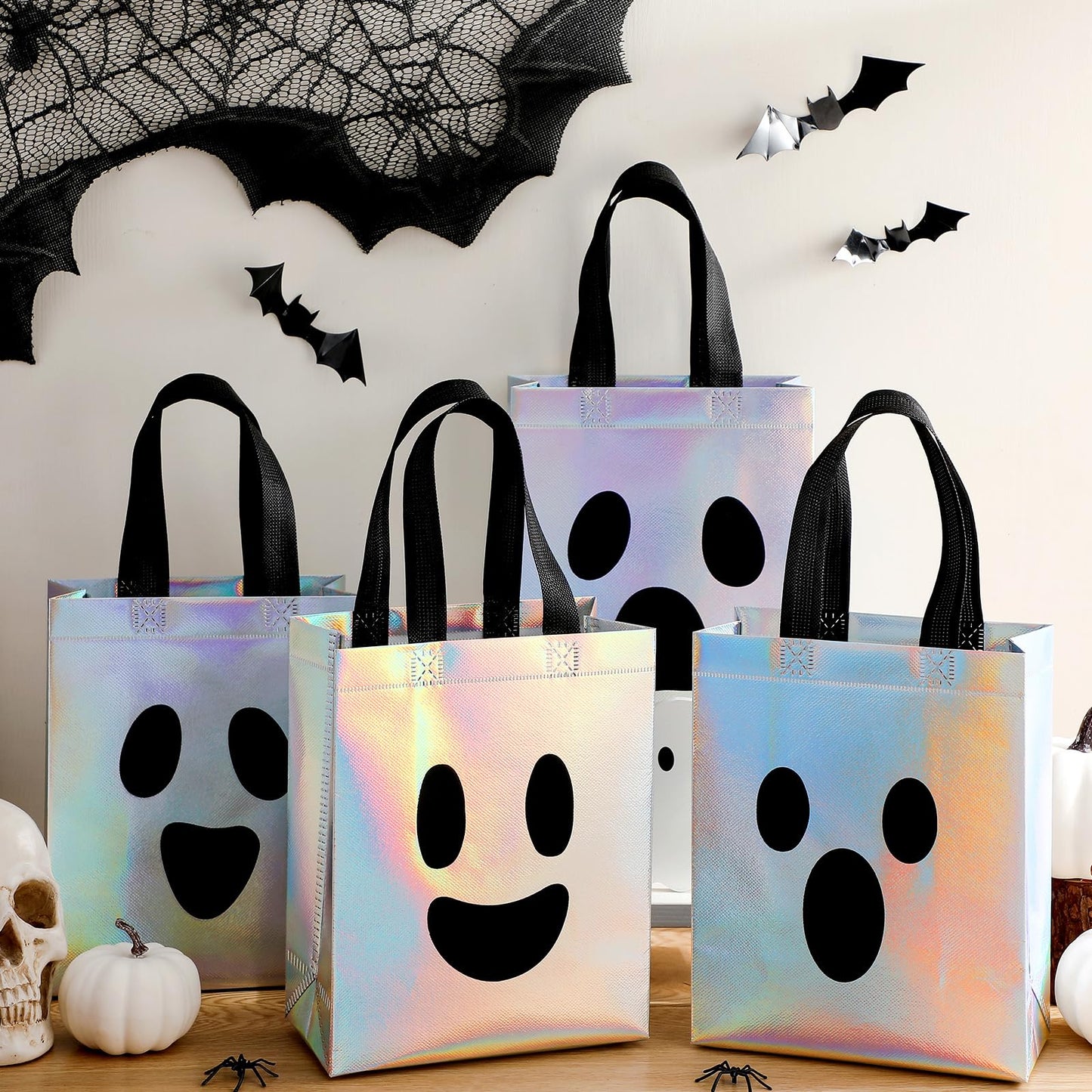 Paterr 24 Pcs Iridescent Halloween Trick or Treat Bags Holographic Ghost Candy Goodie Tote Reusable Non-woven Gift Bags for Summer Halloween Party Supplies Favors, 8''x4''x10''