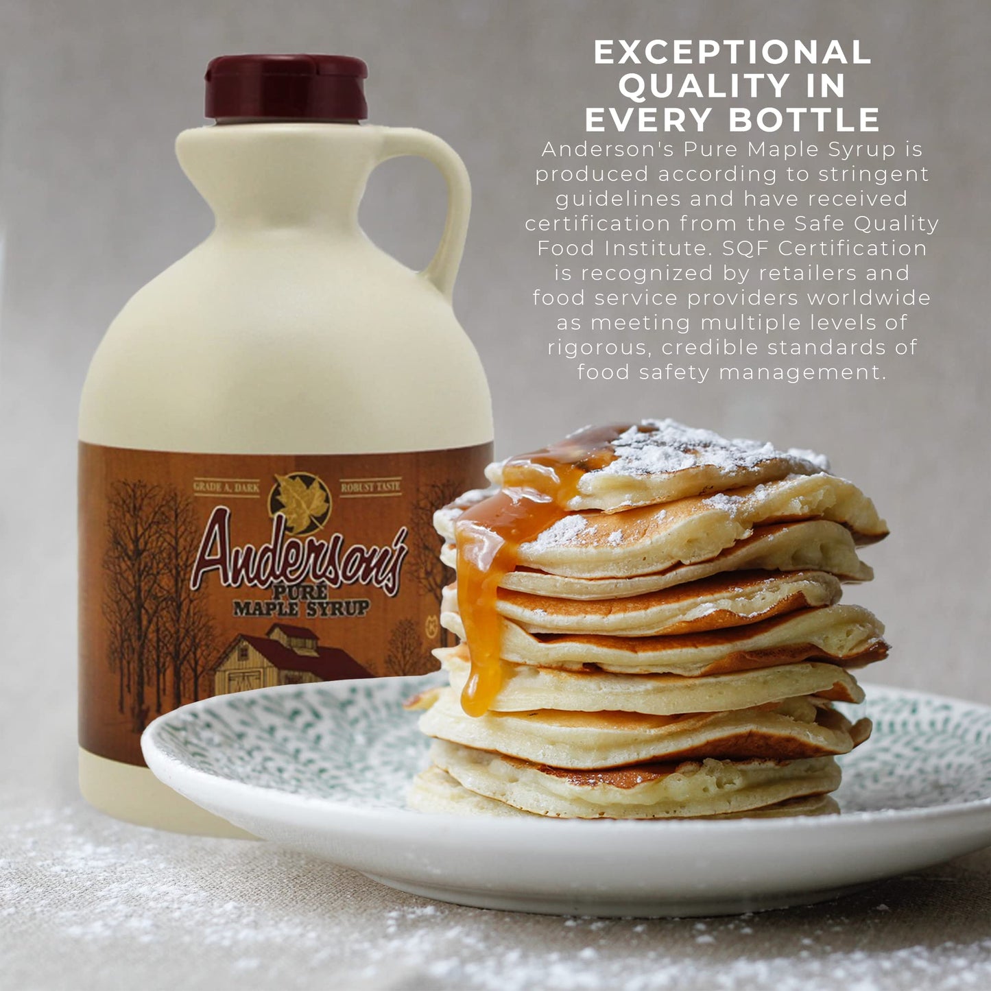 Anderson's Maple Syrup Dark Pure Maple Syrup in a 32 oz. plastic Jug, brown