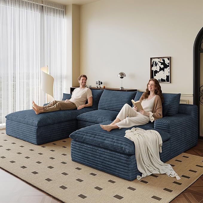 107" Cloud Sectional Couch U-Shaped Chaise with Ottoman, Corduroy Boneless Couch for Living Room Bedroom, Deep-Seat Upholstered Modular Cloud Sofa, No Assembly Required (Blue, Left Facing Chaise)
