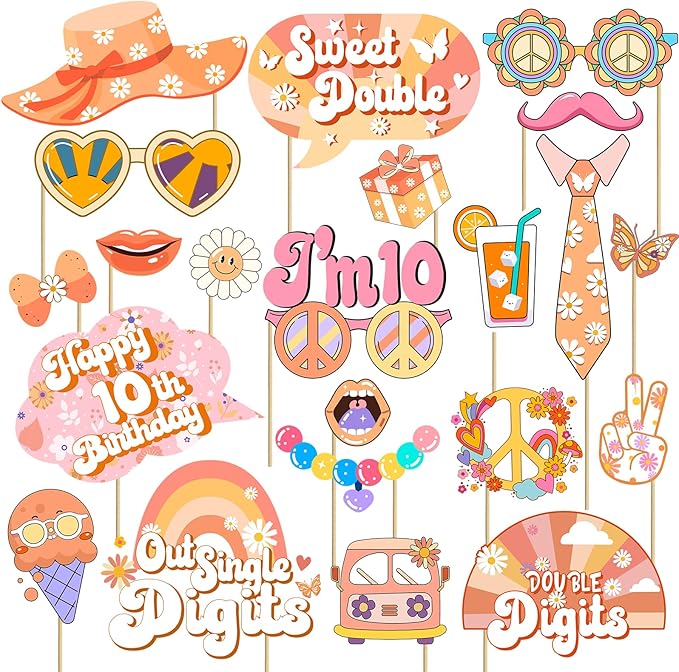 Boho Groovy 10th Birthday Photo Booth Props, 10th Birthday Decorations for Girl, Groovy Double Digits Birthday Party Decor...