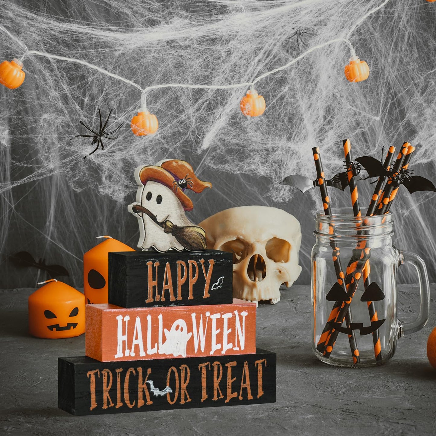 Smile 4 Pcs Wooden Blocks Signs, Happy Halloween Indoor Decorations, Trick or Treat Farm Decor Spooky Rustic for Home Table Shelf and Kitchen
