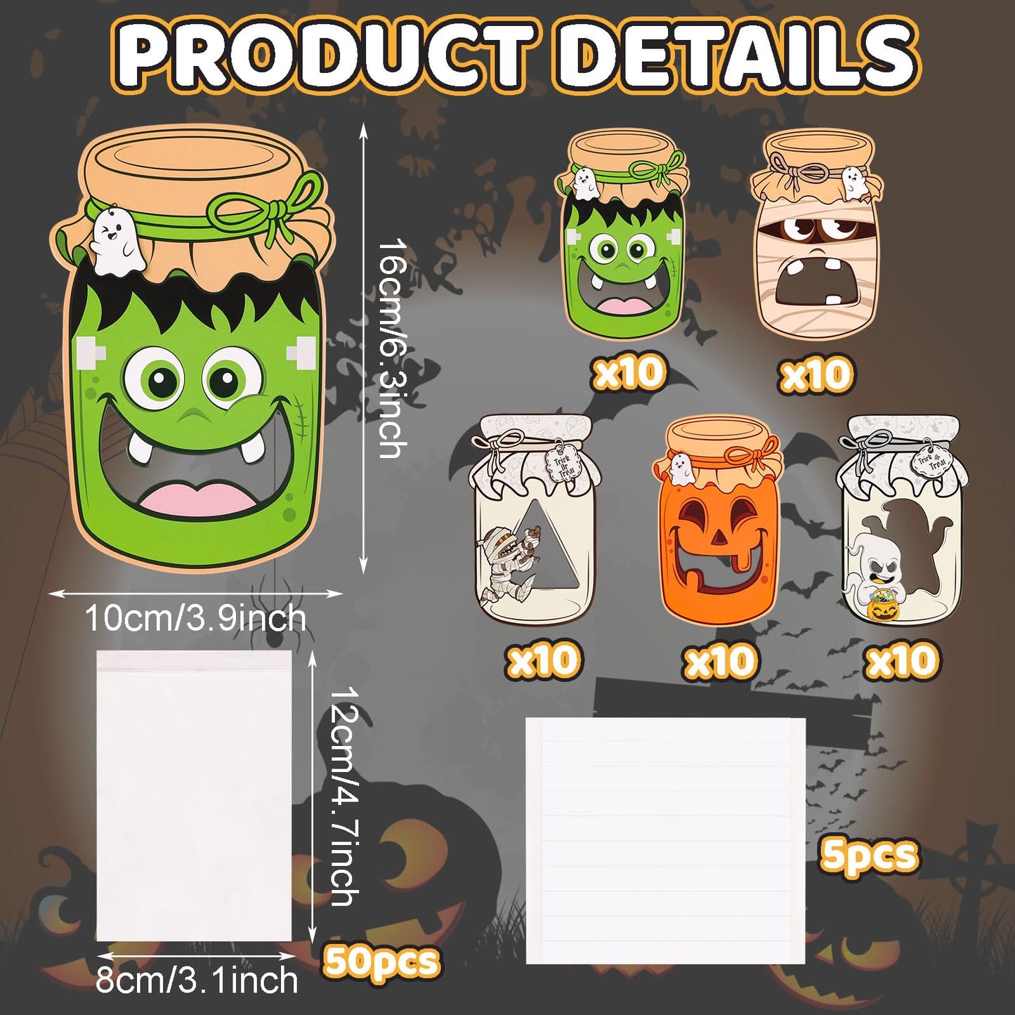 CCINEE Halloween Mason Jar Candy Bags with Cards, 50 Pack Greeting Candy Cards with Clear Treat Bags for Halloween Party Favors DIY Crafts Trick or Treat Classroom Events Exchange Gift Supplies