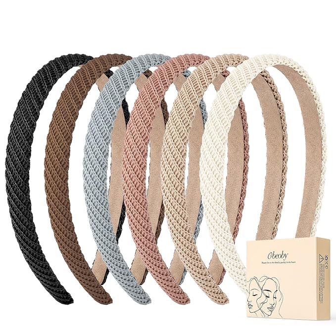 obeoby 6 Pack Trendy Headbands for Women, 0.6inch Thin Knitted Hairbands for Girls Valentines Day Outfit Women's Hair Non ...