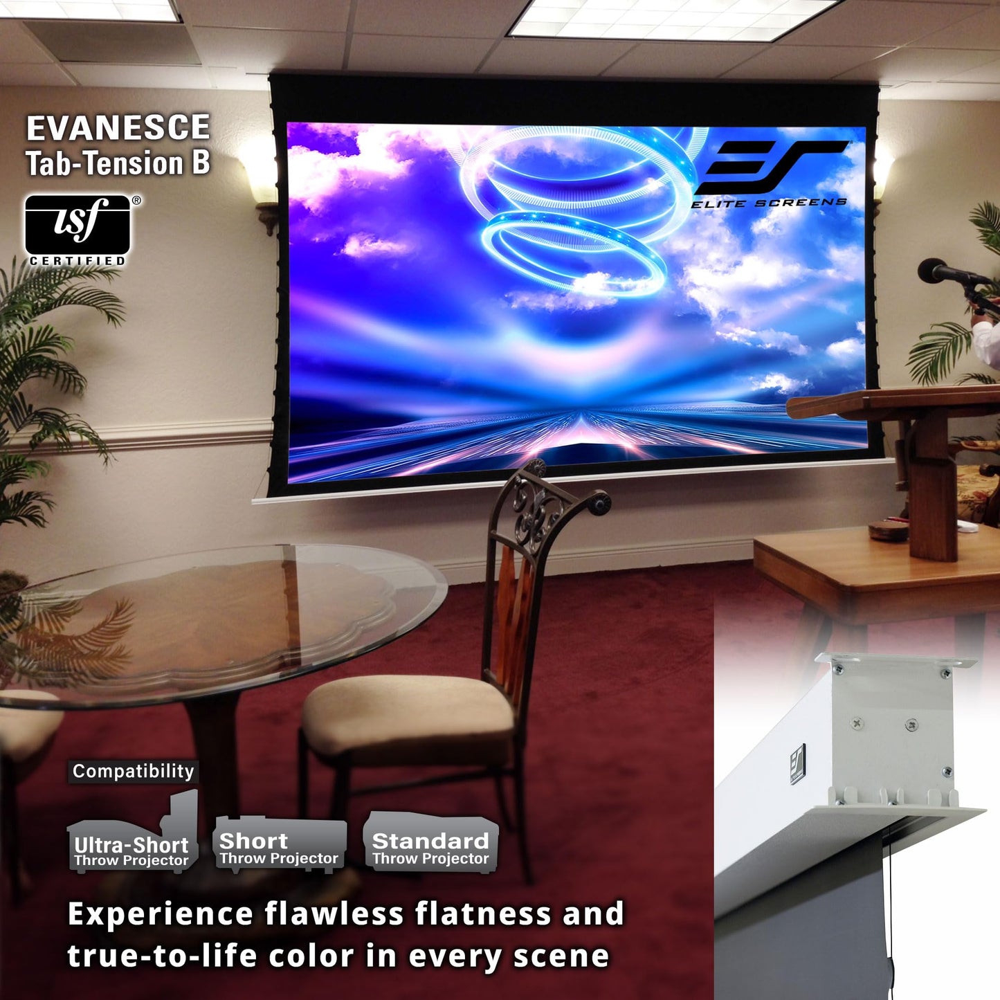 Elite Screens Evanesce Tab-Tension B, 120-inch 16:9, 4K / 8K HD, Recessed in-Ceiling Electric Tab Tensioned Projector Screen, Matte White Projection Screen Surface Programmed Remote Kit, ETB120HW3-E8
