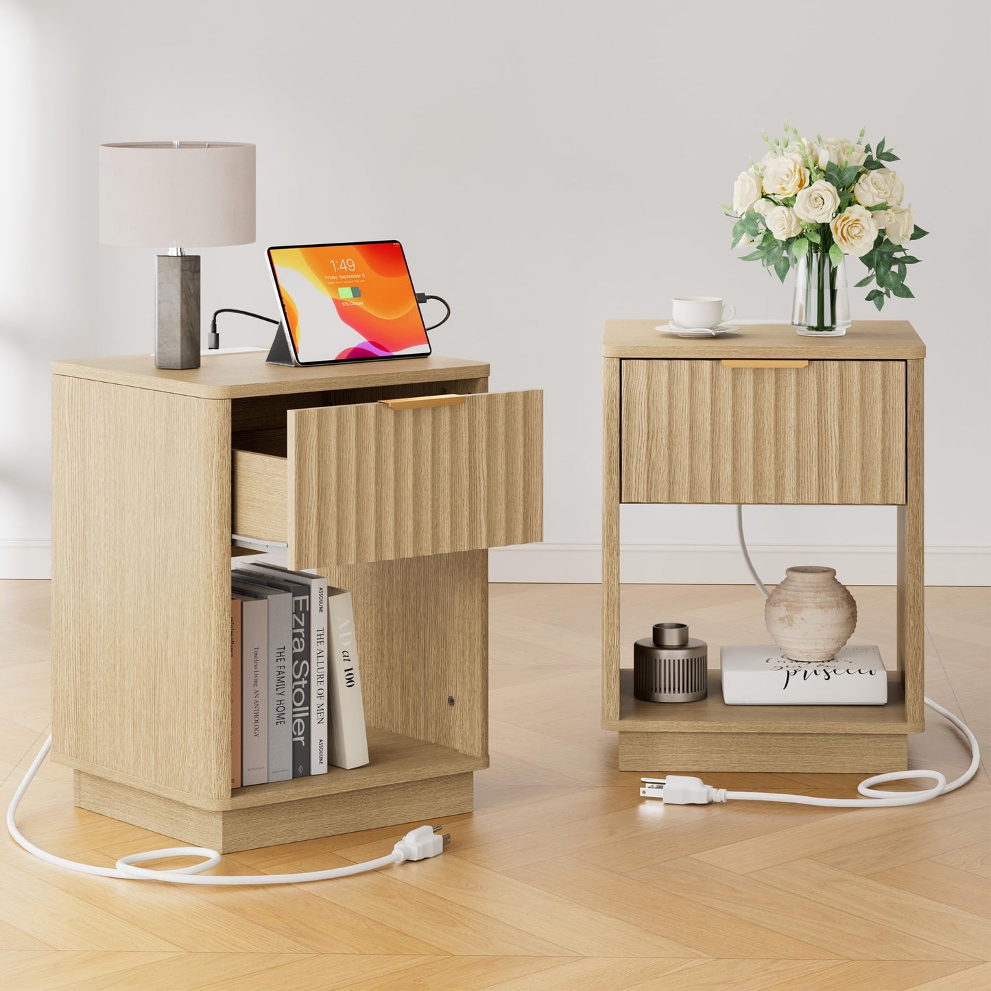FavourLife Fluted Nightstand Set of 2 with Charging Station, 18" Bedside Table End Table with Drawer & Open Shelf, Mid Century Modern Night Stand for Bedroom Sofa Home Office, Natural Oak