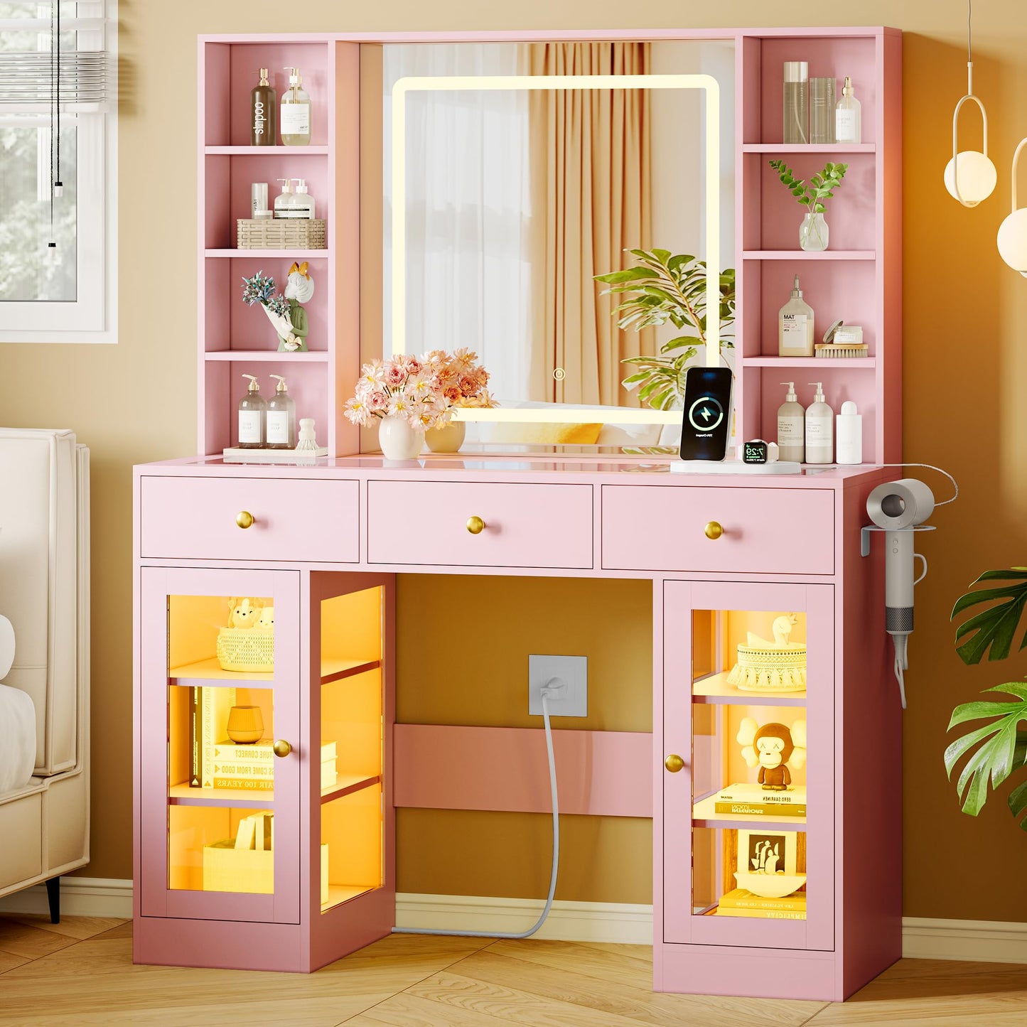 Makeup Vanity Desk with HD Lighted Mirror & Power Outlet, Glass Top Vanity Table Set with Storage Drawers & RGB Cabinets, Large Dressing Table with 3 Lighting Modes for Bedroom Women Girls Kids, Pink