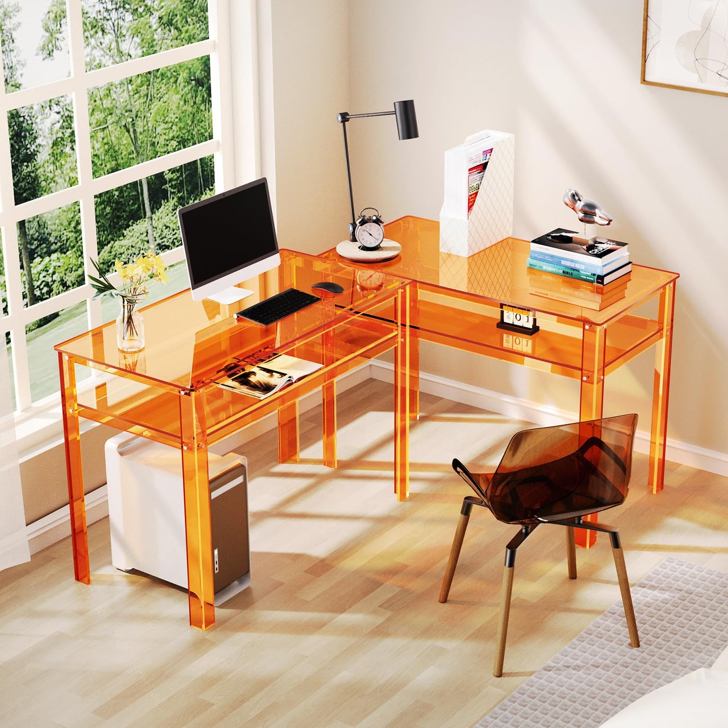 solaround Clear Acrylic Desk with Open Storage, Home Office Computer Writing Desk Office Study Table (Orange, 39.4'' x 19.7'' x 29.5'')