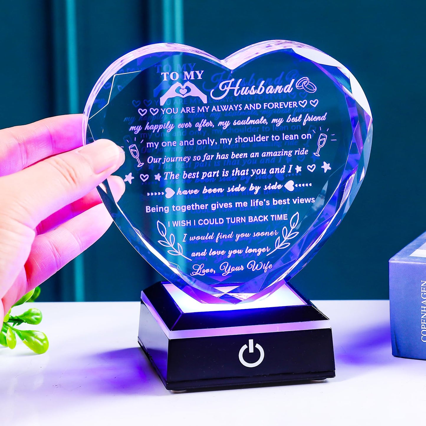 YWHL Gifts for Husband from Wife with Colorful LED Base Anniversary Birthday Gifts for Husband to My Husband Crystal Heart Keepsake I Love You Gifts for Him on Valentine Christmas Fathers Day