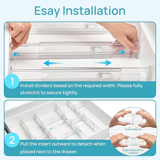 Vtopmart 2.36” Drawer Dividers with Expandable Inserts, 12.8"-22.3" Adjustable Kitchen Drawer Organizer, Clear Plastic Organizer Separator for Flatware, Utensil, Cutlery, 4 Dividers with 6 Inserts