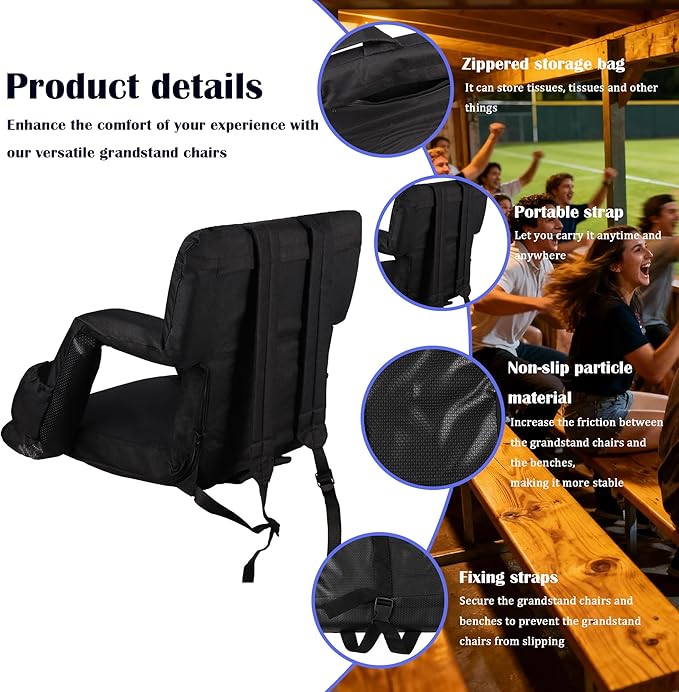 Anmiro Stadium Seats with Back Support Bleacher Chairs with Back and Extra Wide Cushion Thick Padded Bleacher Portable Reclining Seats for Football, Baseball and Basketball (Black, Medium)