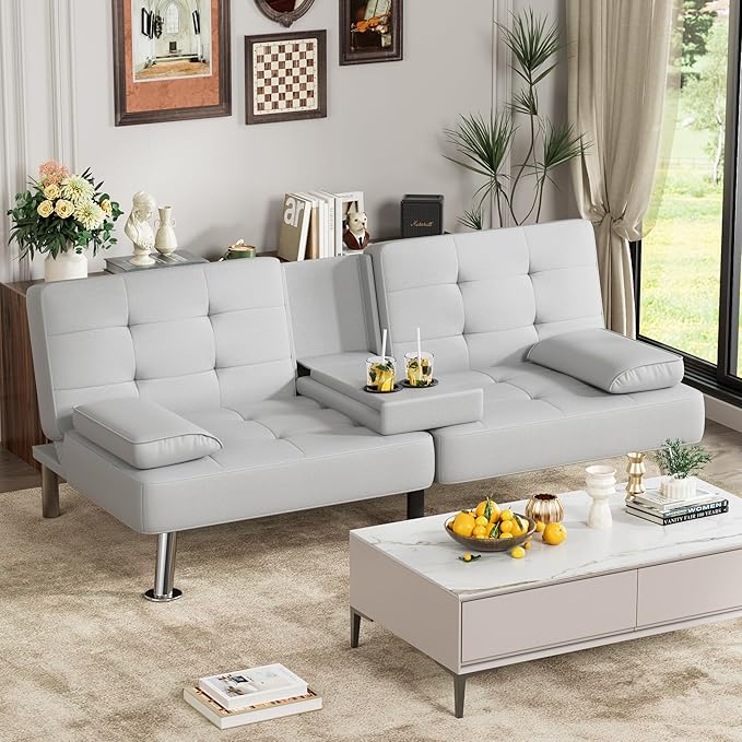 JUMMICO Faux Leather Futon Sofa Bed Futon Couch with Removable Armrests Adjustable Sleeper Sofa Bed with 2 Cup Holders for Living Room (PU Leather, White)