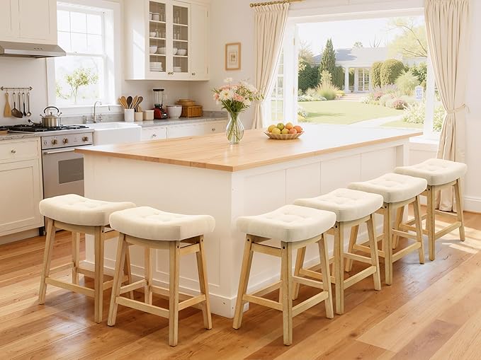 Counter Height Bar Stools Set of 4 for Kitchen Counter, Backless Farmhouse Island Short Barstools No Back with Padded Fabric Saddle Seat & Solid Wood Legs Modern 24 inch Counter Top Bar Chairs, Khaki