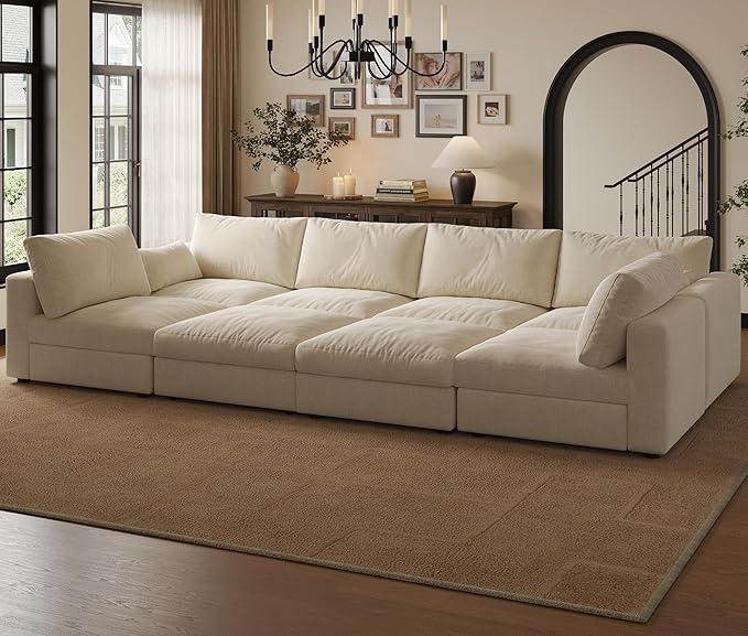 Cloud Modular Sectional Sleeper Sofa with Storage Ottoman, 128" Oversized Sectional Couches for Living Room, Cloud Modular Sleeper Sofa with Chaise, 8 Seater, Chenille, Beige