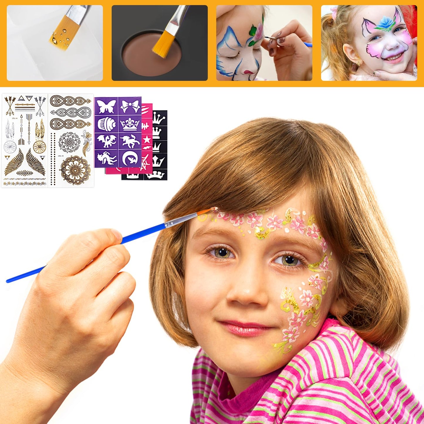 Face Painting Kit for Kids, 20 Colors Face Paint Kit With Brushes Stencils,Water Based Non-Toxic Hypoallergenic Professional Body Makeup Kit for Party Birthday Halloween