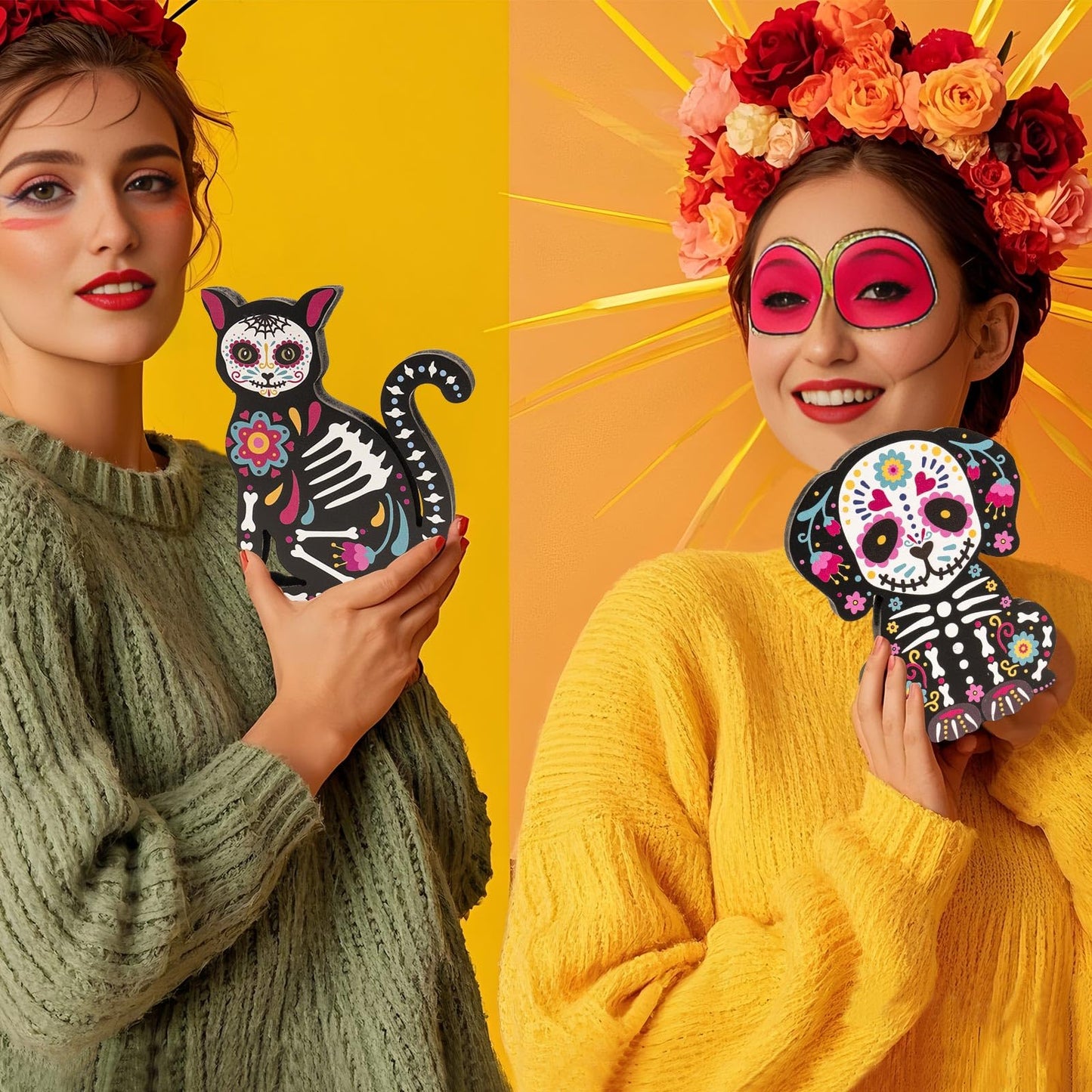 flangairy Wooden Day of The Dead Dog Cat Figurine, 2 Piece Dia De Los Muertos Ofrenda Altar Sugar Skulls Altar Table Decorations, Mexican Halloween Indoor Tiered Tray Shelf Tabletop Decor for Home