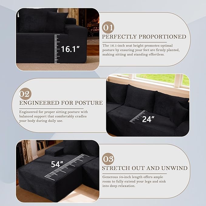 105’’ L-Shape Modular Sectional Sofa with Chaise, Convertible Cloud Couch, Corduroy Fabric & High-Density Memory Foam, No Assembly Required for Living Room (Black, Left Facing Chaise)