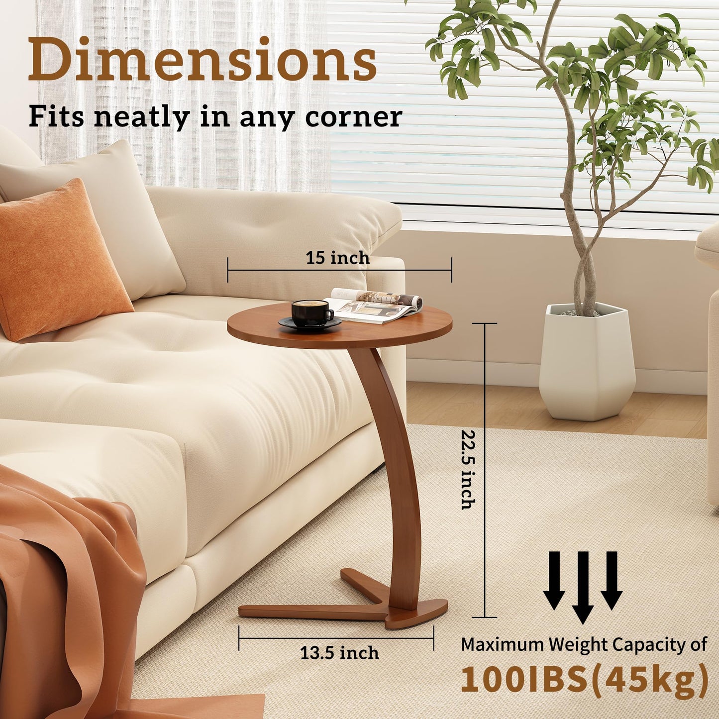 Wood Round Side Table: 15 '' Modern C Shaped End Table Nightstand with Natural Solid Wood, Small Bedside Table for Living Room, Bedroom, Farmhouse, Small Spaces (Medium)