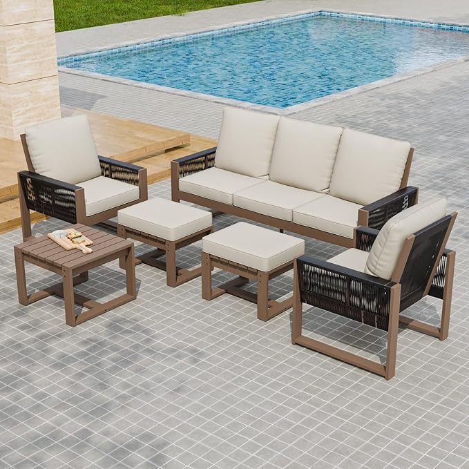 INTER HUT Rustic Hideaway Natural Cedar Wood Outdoor Furniture Set, Wicker Patio Conversation Set for Porch Garden Backyard, Couch, 2 Patio Chairs, Side Table and 2 Ottomans, 6 Piece, Brownish/Beige