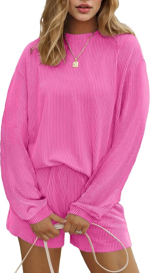 Ekouaer 2 Pieces Lounge Set for Women Long Sleeve Pajamas Top and Shorts Matching Sets Outfits with Pockets