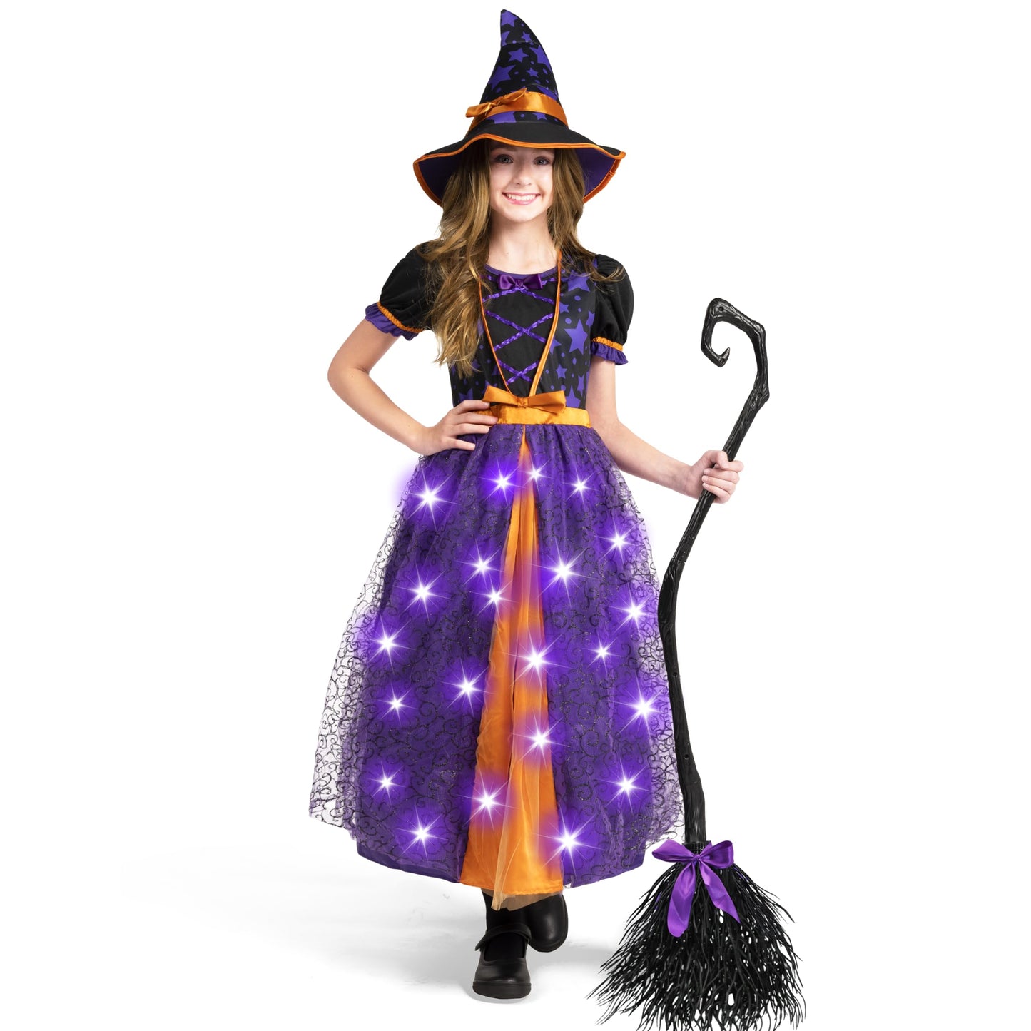 Spooktacular Creations Light Up Witch Costume for Toddler Girls, Child Fairy Tale Witch Outfit Set with Broom and Hat for Kids Halloween Dress Up Parties, Purple, S