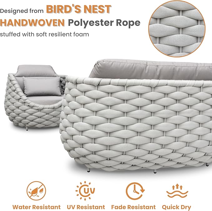 Erotr 4 Pieces Woven Rope Patio Conversation Set: Rustproof Aluminum Frame, Weather Resistant, Thick Cushions, No Assembly, Easy to Clean, Comfy Outdoor Sofa Set for Porch Deck Yard Hotel - Gray