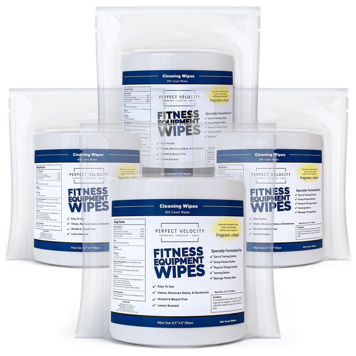 Perfect Velocity Fitness Gym Equipment Wipes - 4 Rolls of 800 Pre-Moistened Cleaning Refill Wet Wipes - For Upwards and Downwards Dispensers