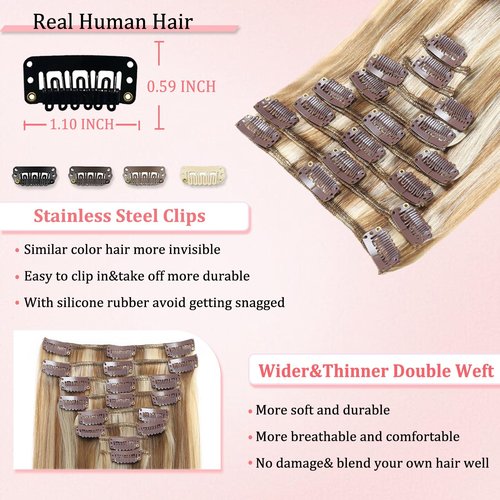 Clip in Hair Extensions Real Human Hair Clip in Extensions for Women Seamless Balayage Light Blonde to Golden Blonde Straight Remy 100% Human Clips ins Extension 8pcs Double Weft 20 inch 3.7oz/105g