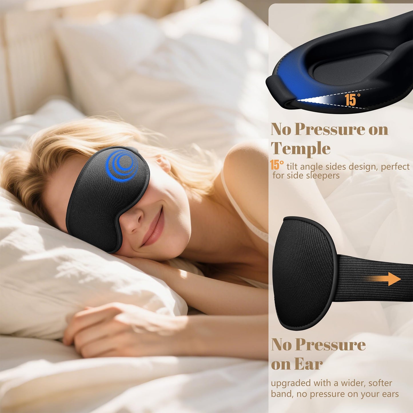 Vynix Sleep Mask for Men Women - 100% Blackout Eye Masks for Sleep, Zero Pressure 3D Sleeping Mask, Adjustable Light Blocking Eye Cover Blindfold for Travel, Nap, Night Work, Office - Black