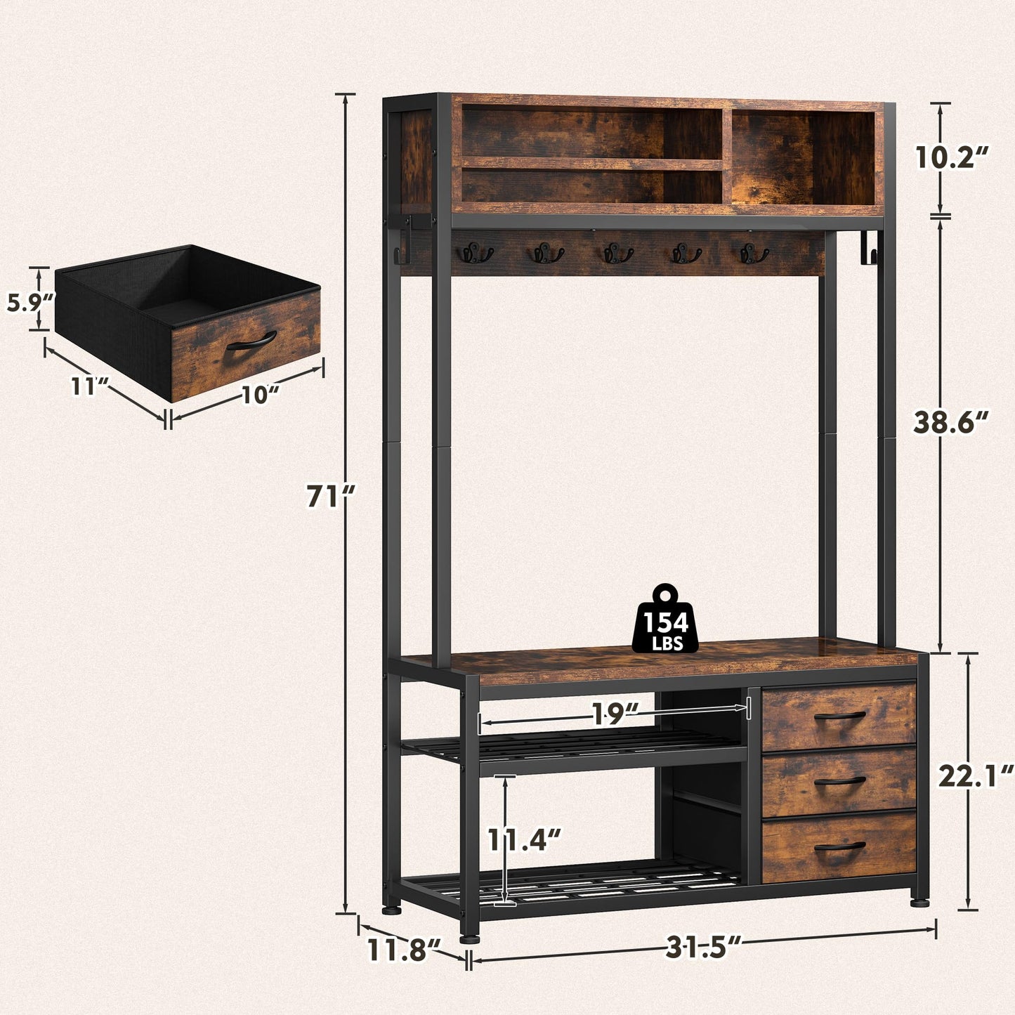 Raybee Hall Tree with Bench and Shoe Storage, Coat Rack Freestanding with 3 Fabric Drawers, Entryway Bench with Shoe Storage, Hall Tree with 12 Hooks for Hallway