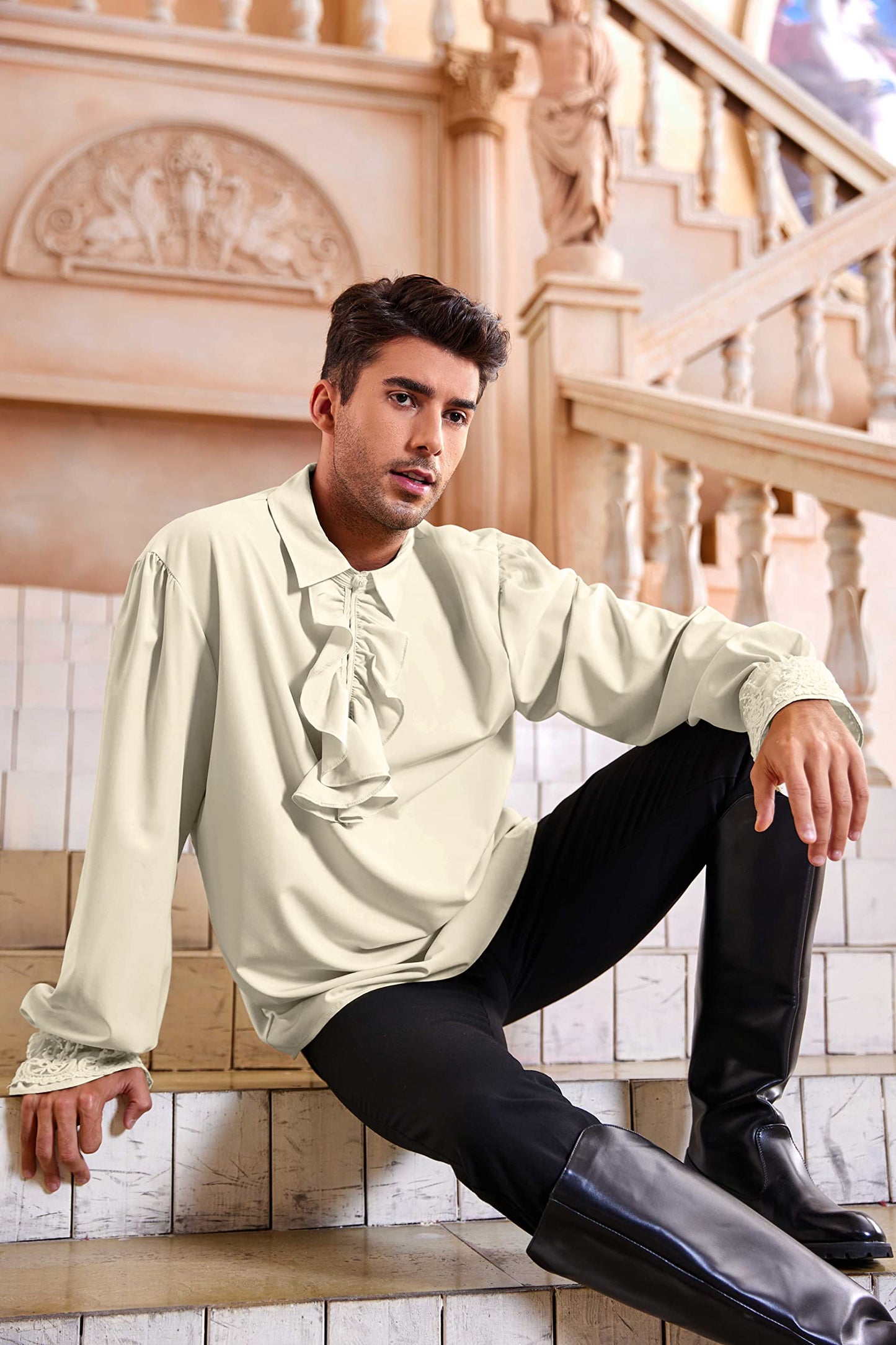 Bbalizko Mens Pirate Shirt Ruffle Victorian Renaissance Steampunk Vampire Poet Shirts Gothic Medieval Costume Beige