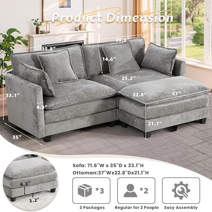 SoarFlash Chenille 77.95" Sectional Sofa, Comfy L Shaped Modular Coush Sofa with Ottoman, Modern 2 Seat Couch Deep Seat Sofa Set for Living Room,Grey