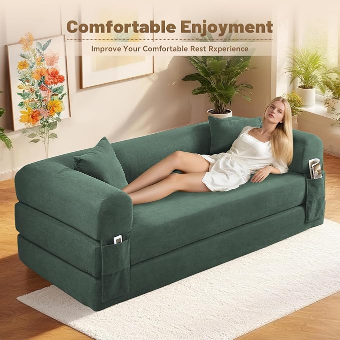 GJQ Convertible Futon Sofa Bed,80" Folding Pull Out Couch Bed with Storage,Queen Sleeper Sofa Bed,Compressed Couch in a Box,Corduroy Boneless Couches for Living Room,Light Green