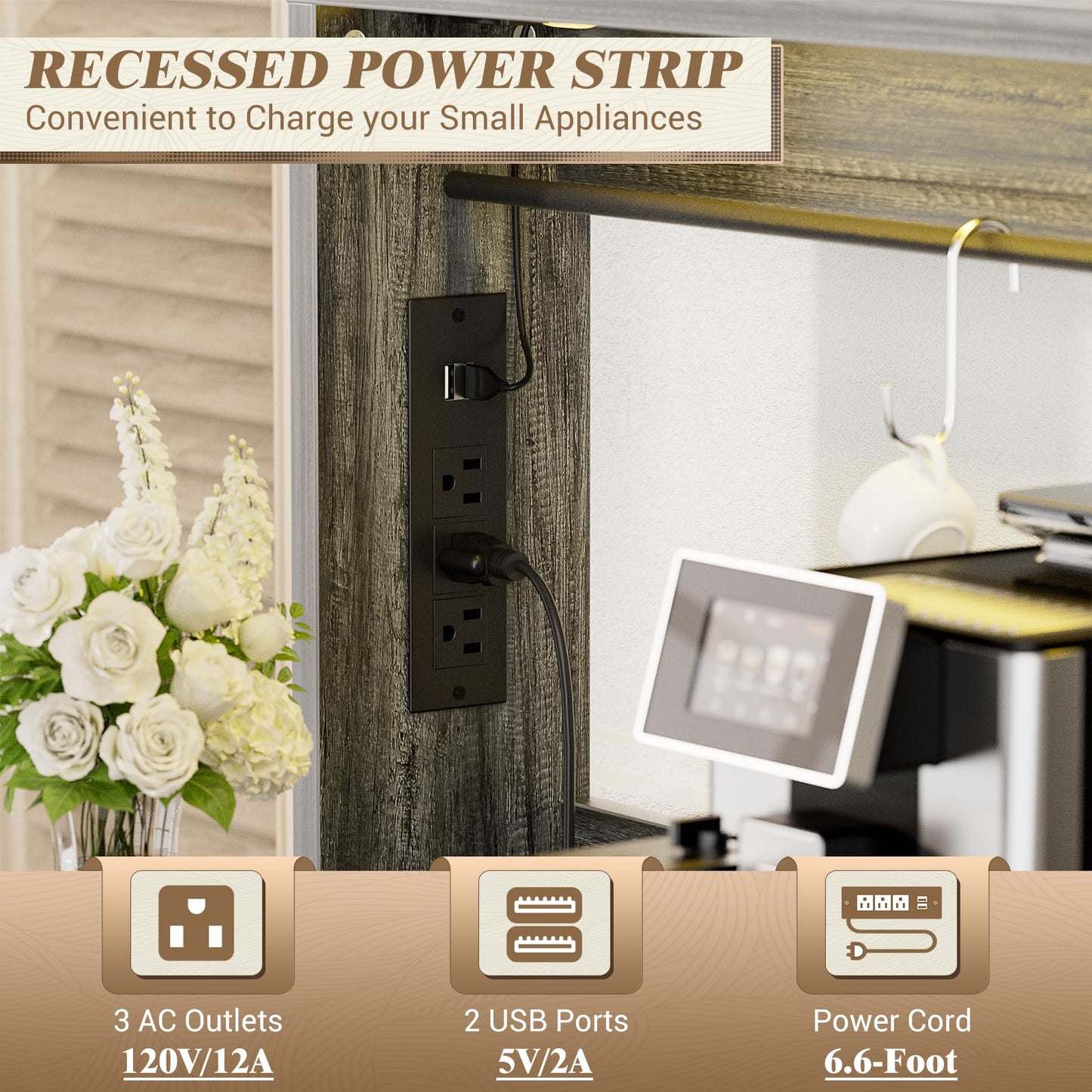 Homieasy Farmhouse Coffee Bar Cabinet with Charging Station & Led Lights, Charming Buffet Cabinet with Hutch, Customizable Storage with Barn Door Style, Perfect for Kitchen, Living Room, Black Oak