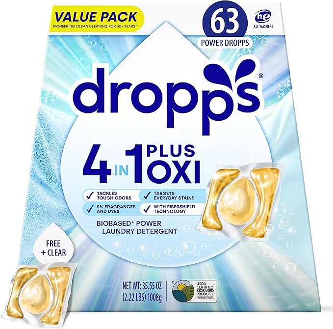 Dropps 4-in-1 Plus Oxi Free & Clear Power Biobased Laundry Detergent Pods, Unscented (63 Pods) - Chlorine-Free Bleach Alternative Biobased Laundry Whitener, Stain & Odor Remover