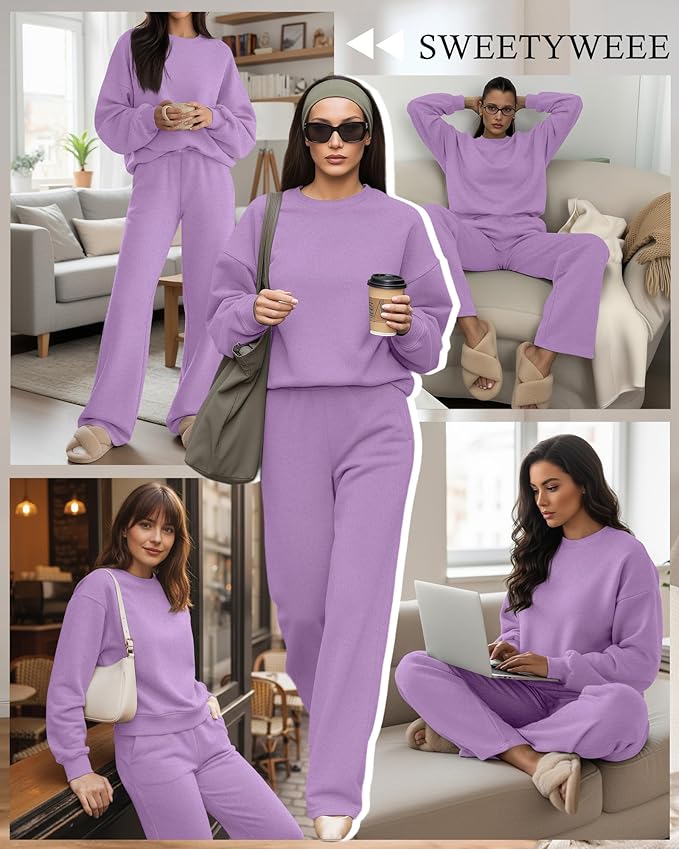Sweetyweee Women's 2 Piece Outfits Set Fleece Lined Lounge Sweatsuit Crewneck Pullover Top Wide Leg Pants Casual Tracksuit