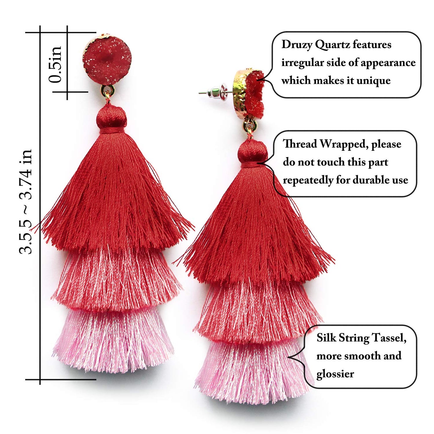 Me&Hz Red Layered Fashion Tassel Earrings Dangle Drop Bohemian Statement Earring for Women Red Ombre Fringe Crystal Studs Christ