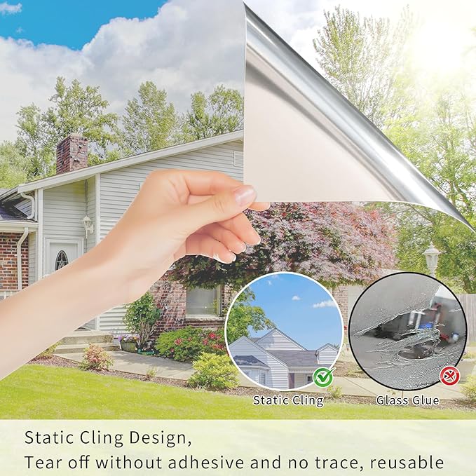 Filmgoo Window Privacy Film One Way Daytime Mirror Tint Treatments UV Heat Control Sun Block Glass Door Covering Reflective Window Film (Silver, 11.8 Inch x 7.2 Feet)