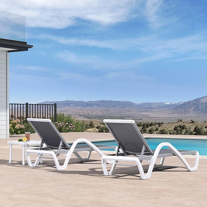 PURPLE LEAF Patio Chaise Lounge Chair Set of 3 Outside Aluminum Plastic Stackable Tanning Chairs with Armrests and Side Table for Pool Sunbathing Beach Deck Outdoor Lounger, Light Grey
