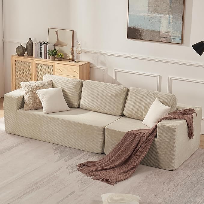 Furnify 106" 3-Seater Sofa, Cloud Modular Sofa with Certified Foam, Upholstered Floor Sofa with Deep Seat, Upholstered Sofa for Bedroom Living Room, No Assembly Required (Corduroy Fabric, Beige)