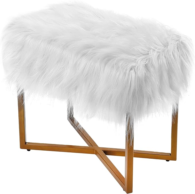 BIRDROCK HOME Rectangular White Faux Fur Foot Stool Ottoman with Gold Legs - Vanity Chair - Soft Compact Padded Seat - Bedroom and Kids Room Chair - Metal - Fluffy Makeup Seat