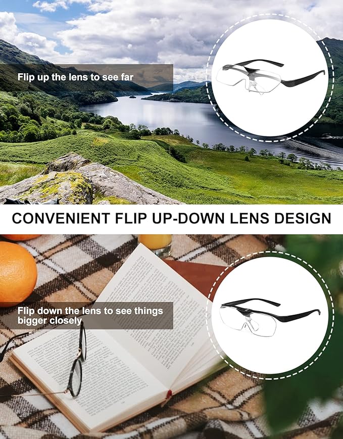 OKH Magnifying Glasses, 160% Magnification, Flip Up Down Lens, Hands-Free Magnifier Eyeglasses for Close Work, Reading, Sewing, Craft, Jewelry Making, Hobby, Painting