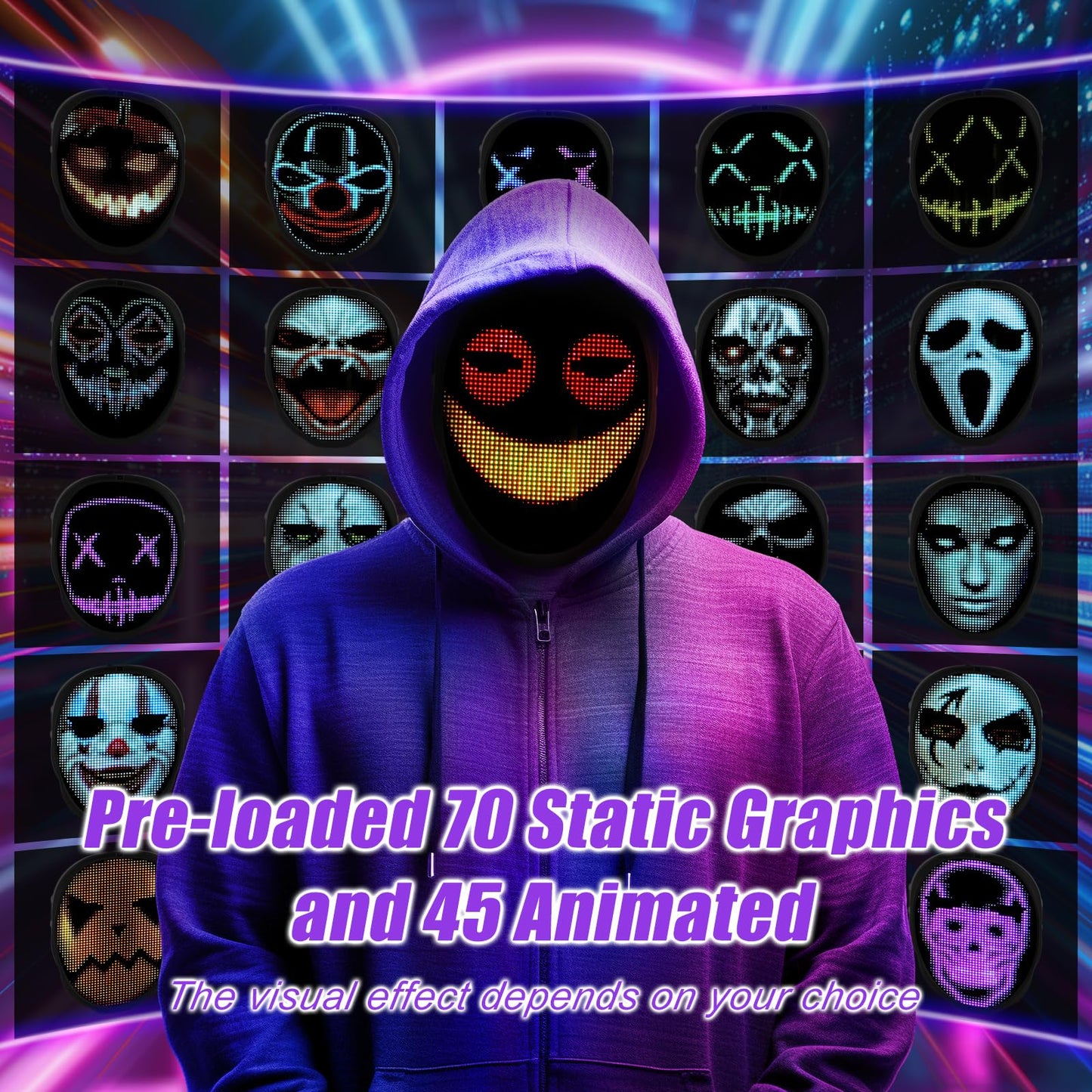 Ouvibyaz LED Mask with Bluetooth Programmable App,Gesture Sensing,Audio Interaction,USB Rechargeable Glowing LED Mask for Adults and Kids Halloween Mask