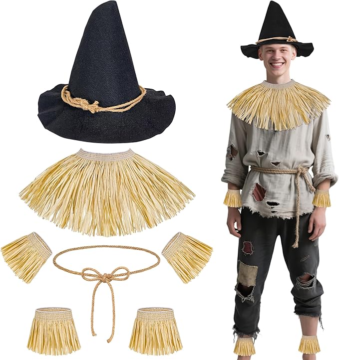 Horolam 7PCS Scarecrow Costume Accessories, Wizard Scarecrow Costume with Hat for Adult Women Men for Holloween Cosplay Dr...