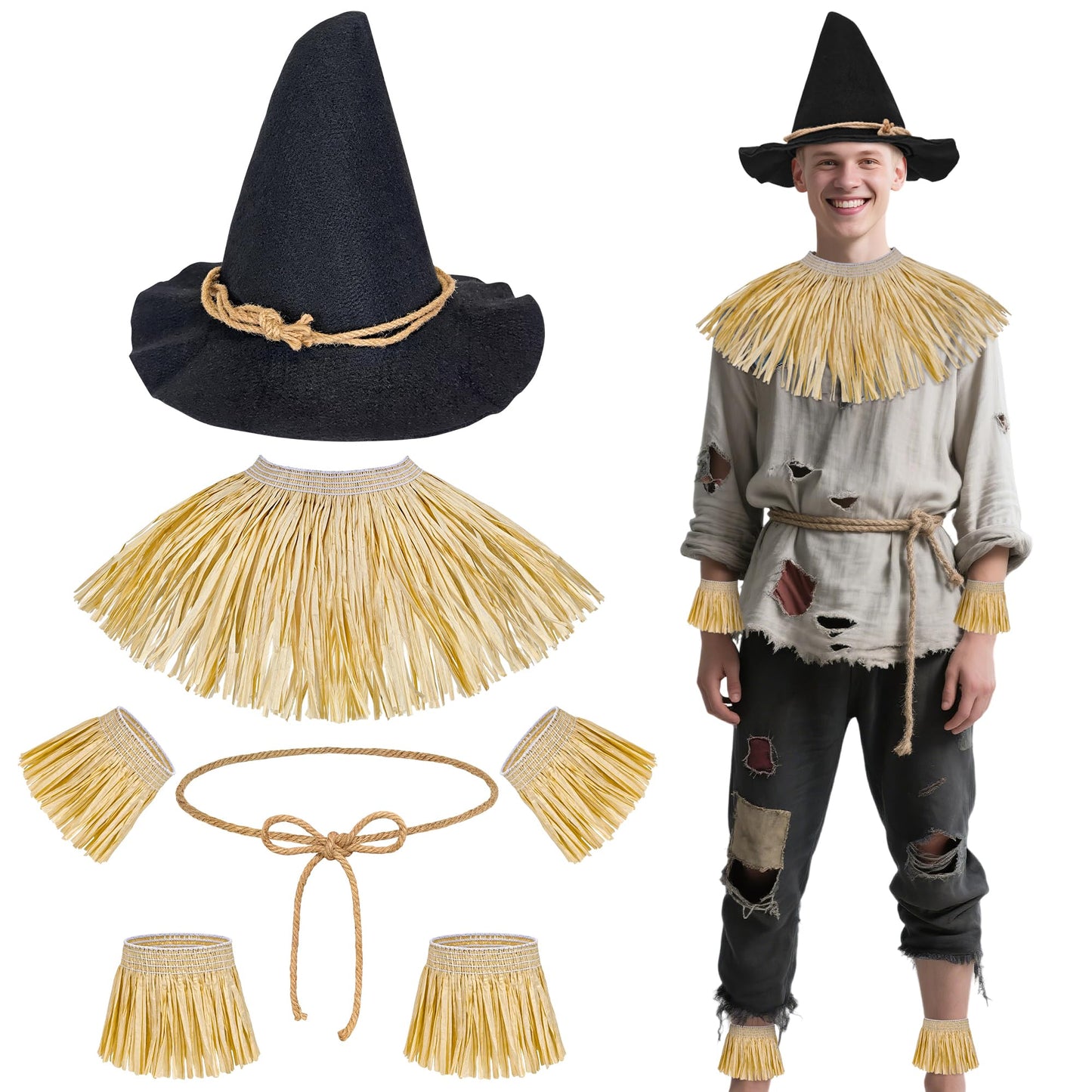 Horolam 7PCS Scarecrow Costume Accessories, Wizard Scarecrow Costume with Hat for Adult Women Men for Holloween Cosplay Dress Up