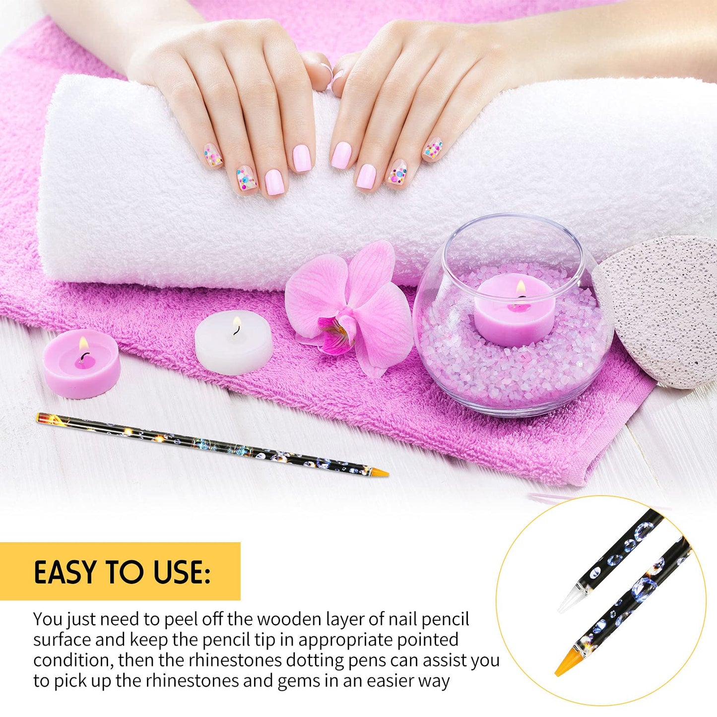 20 Pcs Rhinestone Picker Pen Set, 16 Yellow and White Self Adhesive Nail Dotting Wax Pen with 4 Triangular Bead Separator, Cryst