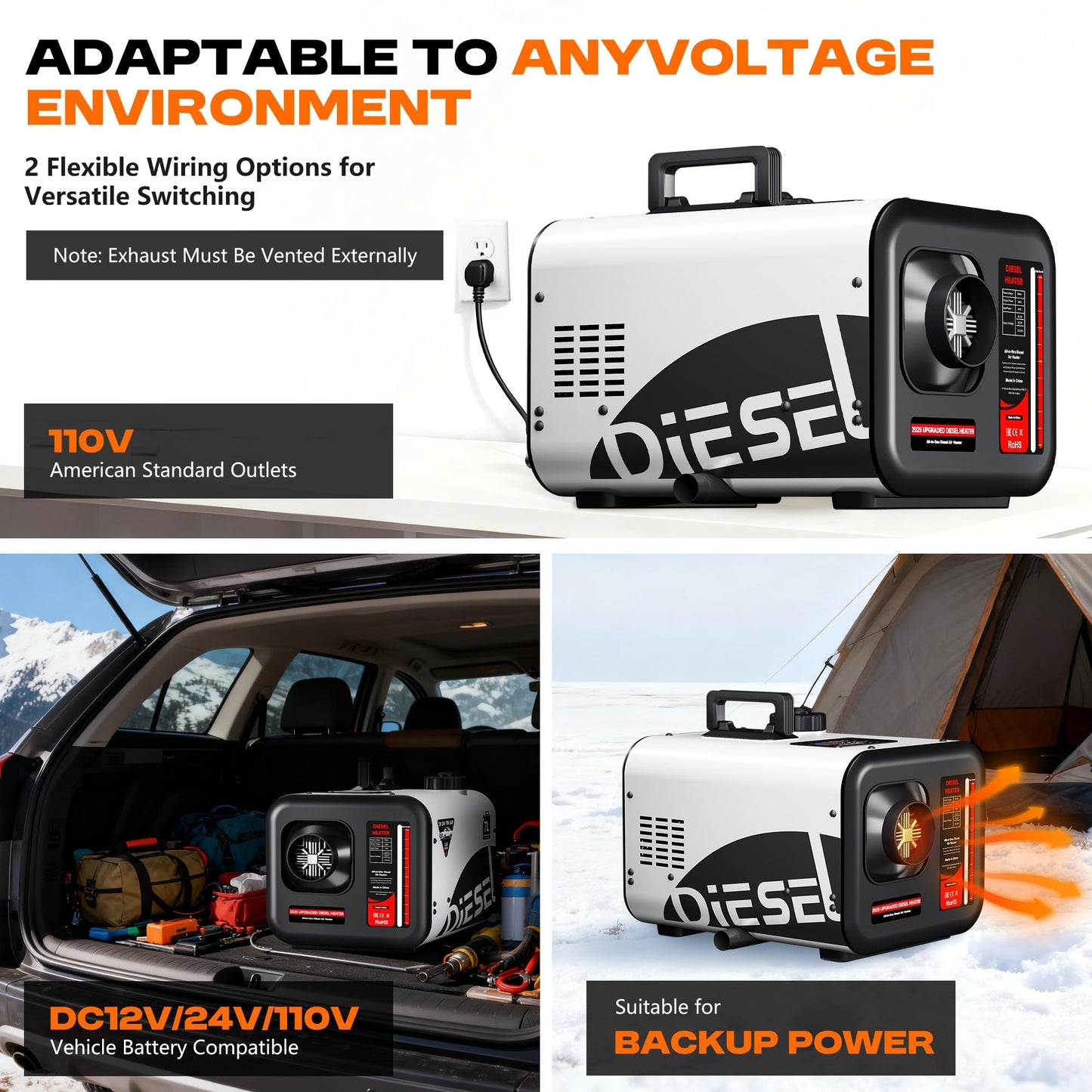 POXURIO 7L Large Diesel Heater, 8KW 240V/110V/12V/24V All in One Diesel Air Heater with LCD Switch, Remote Control, Suitable for Truck, RV, Home, Car, Campers, Boat, White(No Battery Only Tool)
