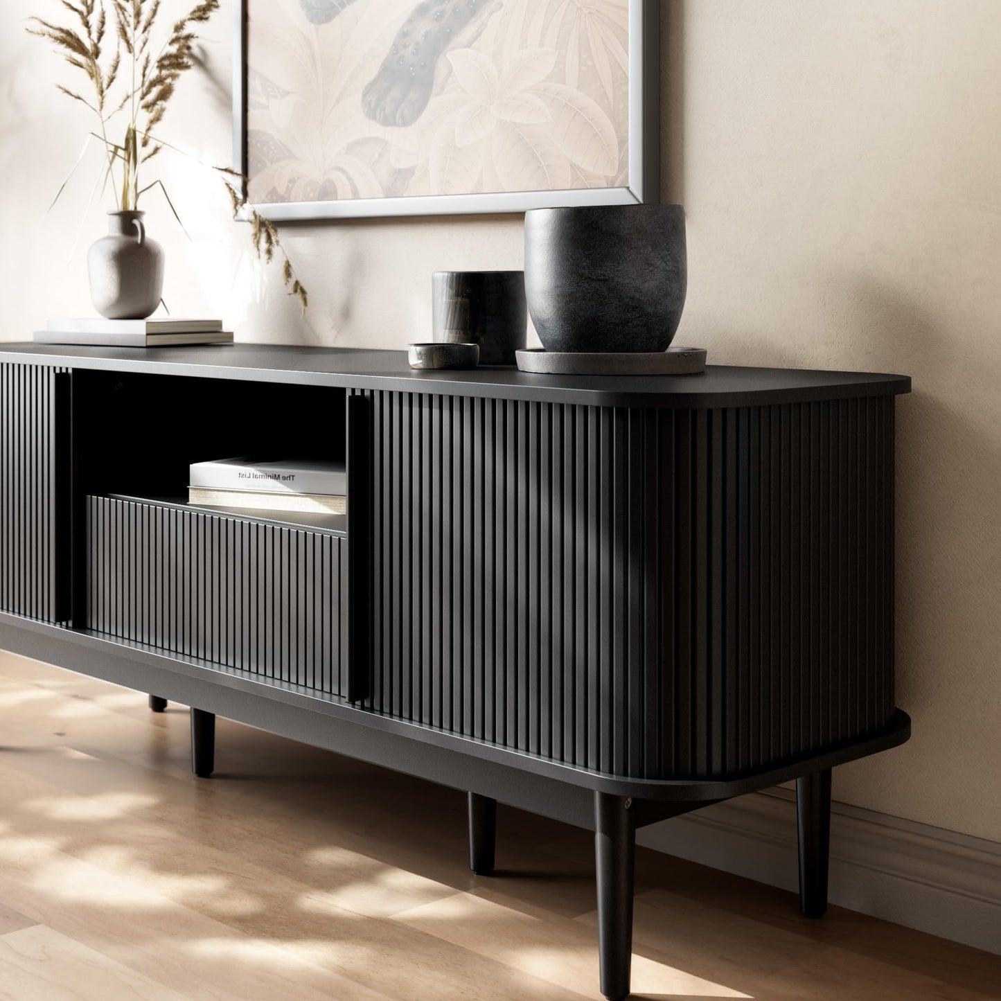 Furniway Modern TV Stand for 45/55/70 inch TV, Entertainment Center with Sliding Doors and Storage, Wood TV Stand for Bedroom, Living Room, Black