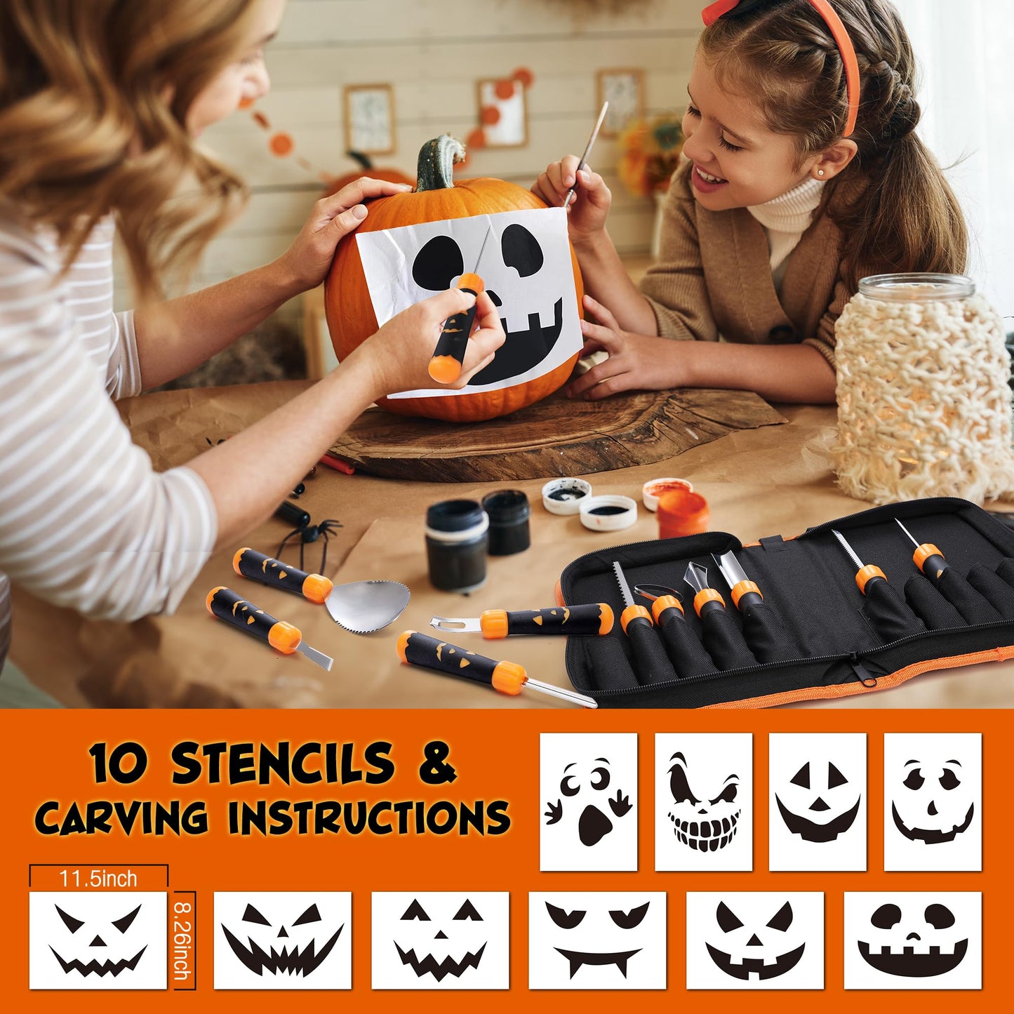 HAUSHOF 20PCS Halloween Pumpkin Carving Kit, 10PCS Professional Heavy Duty Stainless Steel Pumpkin Carving Tools with Carrying Case and 10 Pumpkin Carving Stencils for Halloween Jack-O-Lanterns