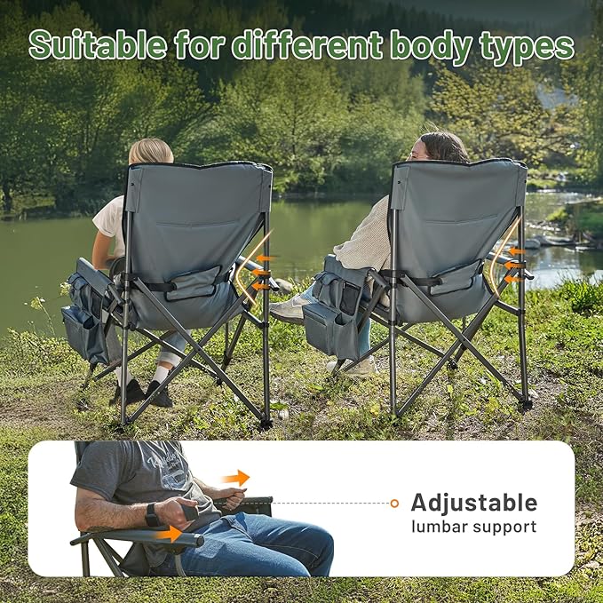 TIMBER RIDGE Oversized Folding Camping Chair with Lumbar Support Adjustable High Back Heavy Duty for Adults Support up to 500lbs with Cup Holder, Cooler Bag, Side Pocket, Grey 2 Pack